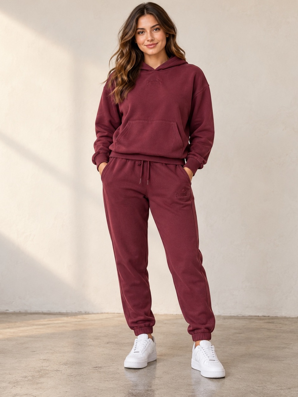 PUMA Women’s Burgundy 2 Piece Hoodie Jogger Set Large Athleisure